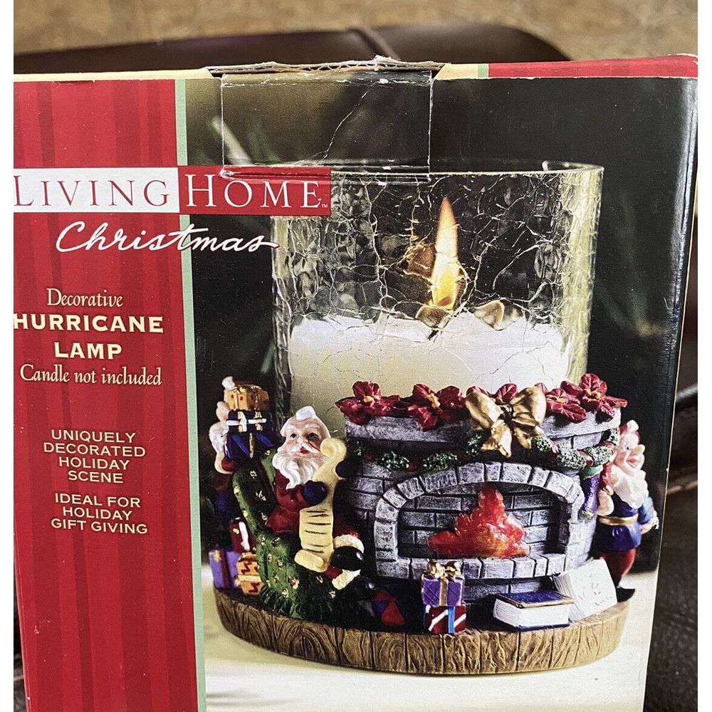 Living Home Xmas Hurricane Lamp Santa/elves Around Fireplace Crackle Glass W/Box